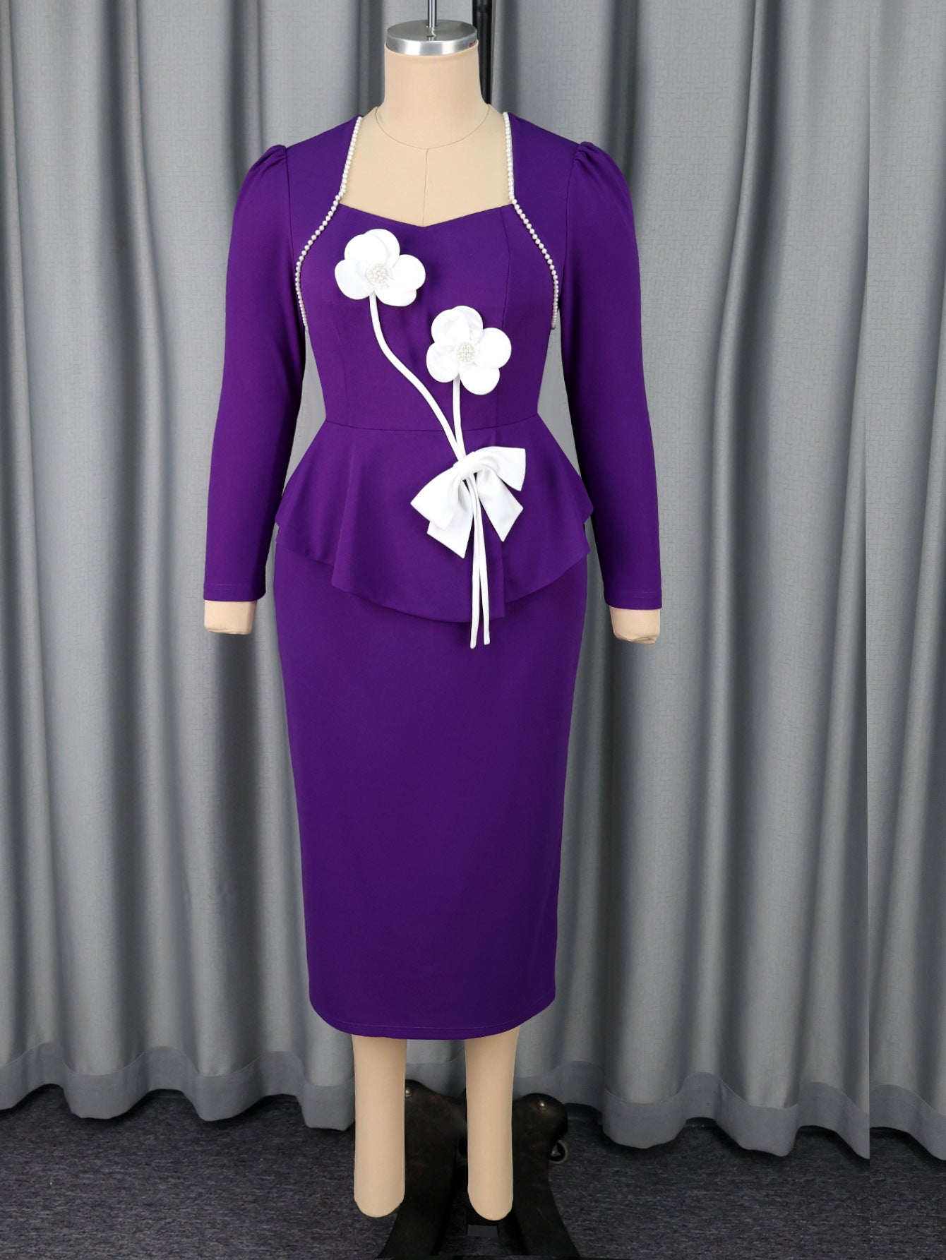 Women's Purple Square Neck Floral Color Block Long Sleeve Dress Slim Fit Party Bodycon Dress 3