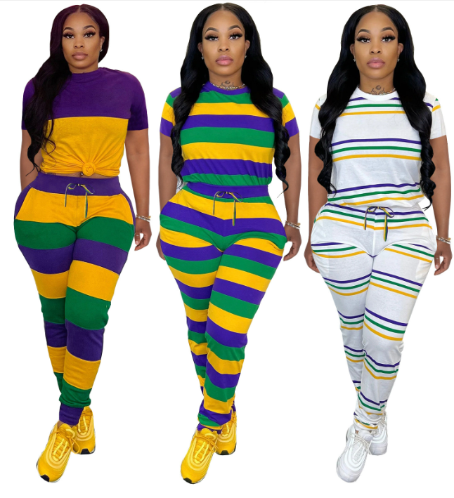 Women Striped Print Round Neck Short Sleeve Top and Pants Two-Piece Set 5