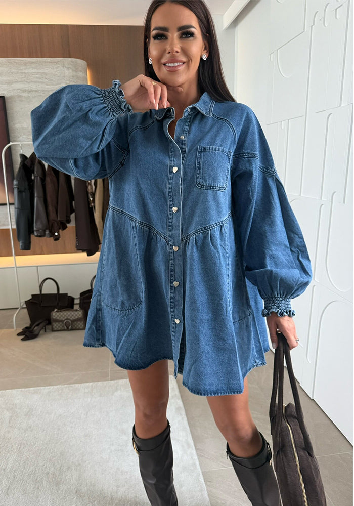 Women Casual Shirt Button-Down Long-Sleeved Denim Dress