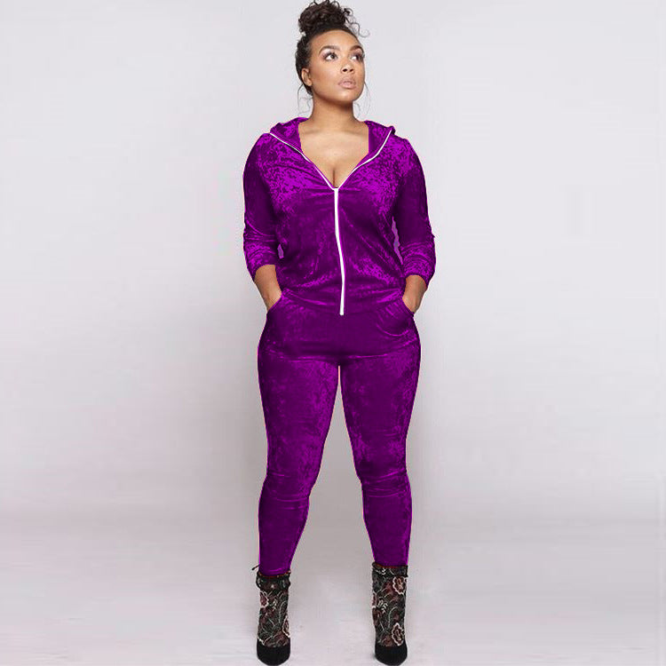 Women Fall and Winter Casual Velvet Hooded Zippered Top Long Pants Two-piece Set 4