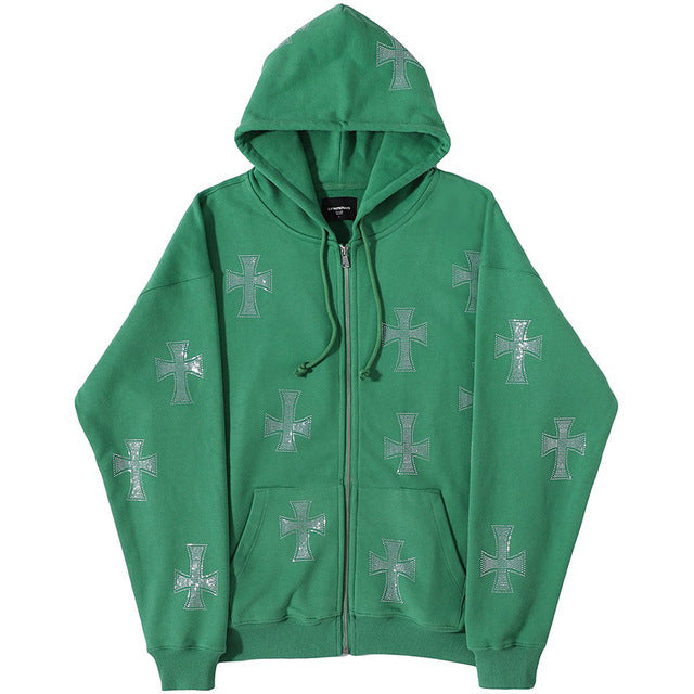 Women Autumn Loose Cross Beaded Zipper Hoodies 5