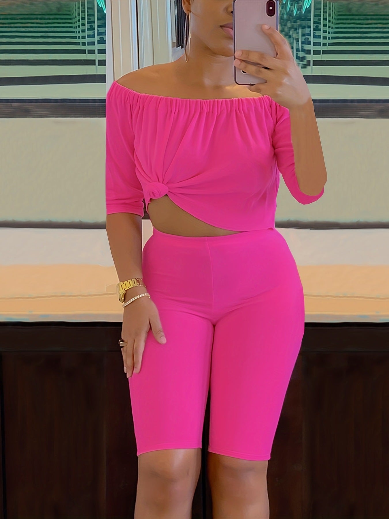 Off-Shoulder Top High-Stretch Shorts Summer Two-Piece Set