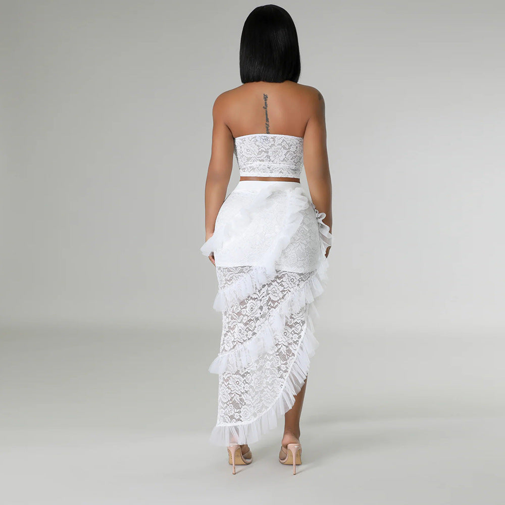 lace Strapless top irregular skirt solid color women two-piece set 10