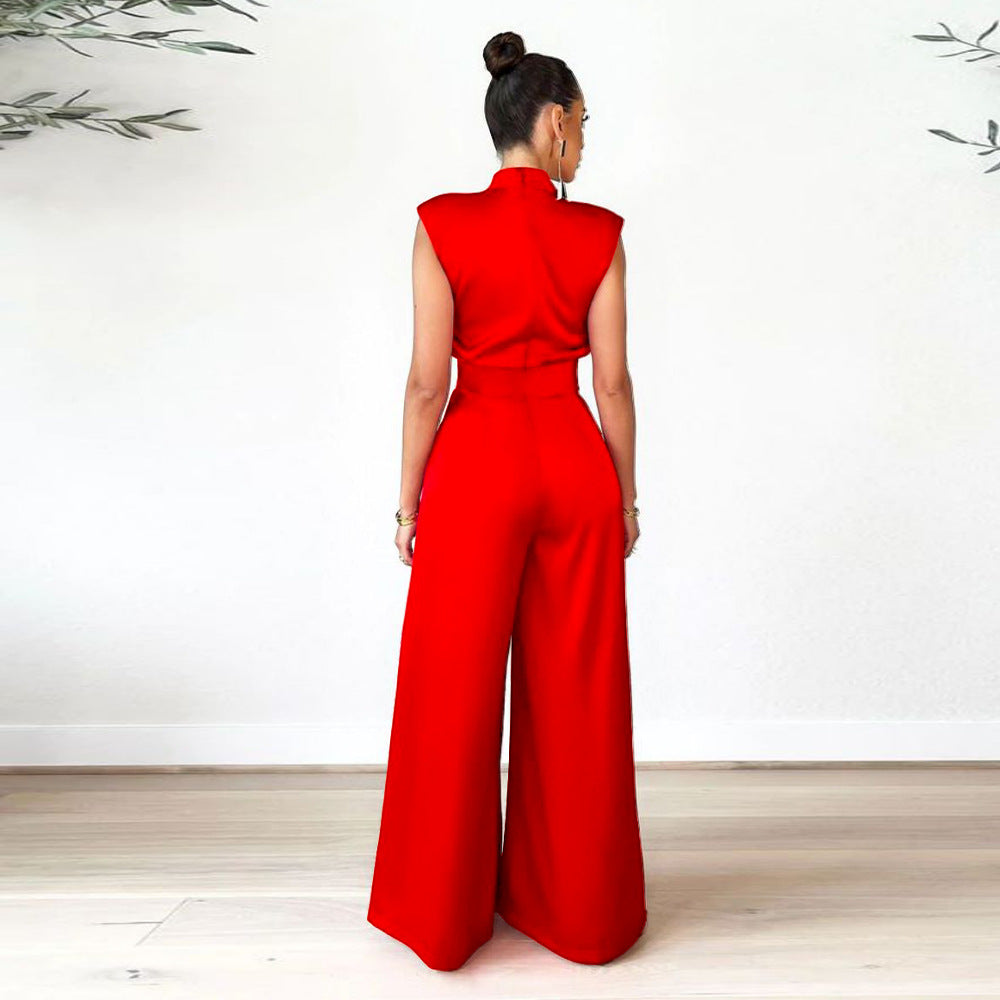 Women's Fashion Wide Leg Pants Solid Color Turtleneck Sleeveless Slim Waist Jumpsuit 11