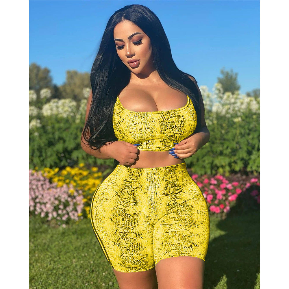Spring Women's Fashion Casual Snakeskin Pattern Print Two Piece Shorts Set 7