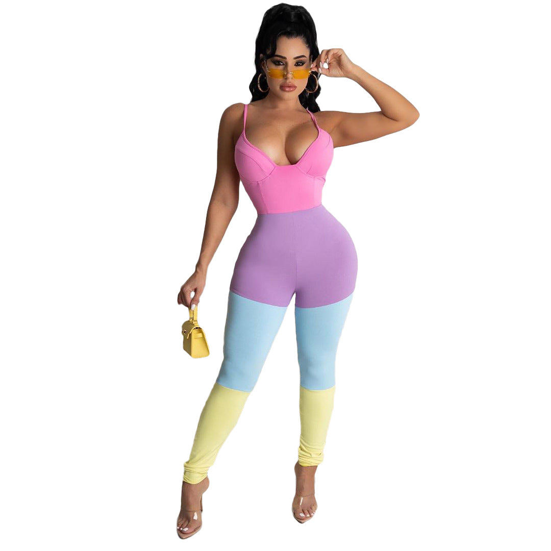 Spring Summer Women's Multicolor Patchwork Strap Sexy Jumpsuit 5