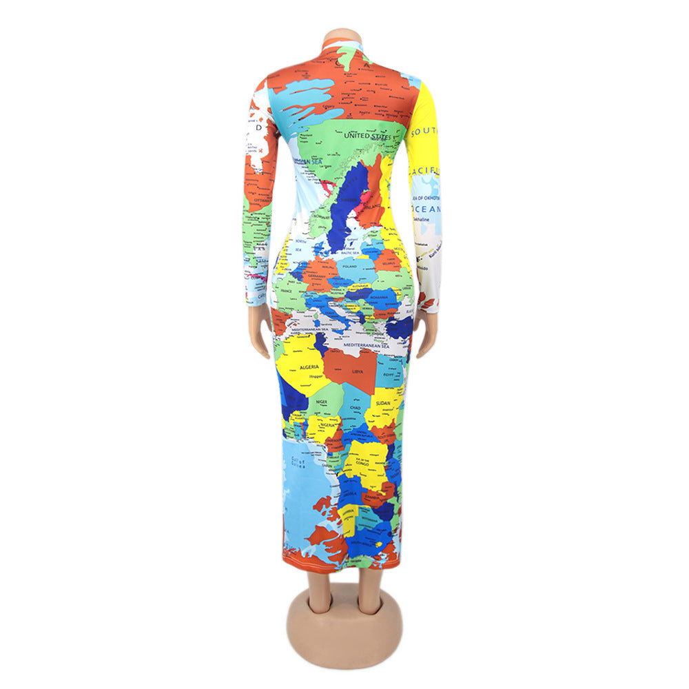 High Neck Long Sleeve Printed Long Dress Fashionable Women's Dress 17