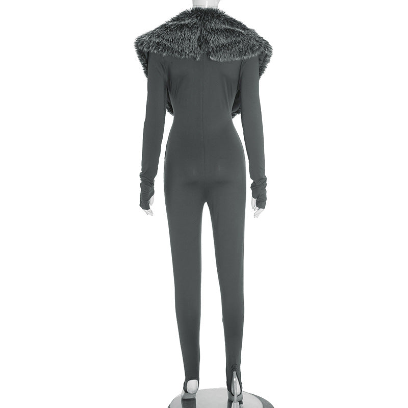 Women Fall/Winter V-Neck Furry Patchwork Shawl Collar Solid Long-Sleeved Jumpsuit 12