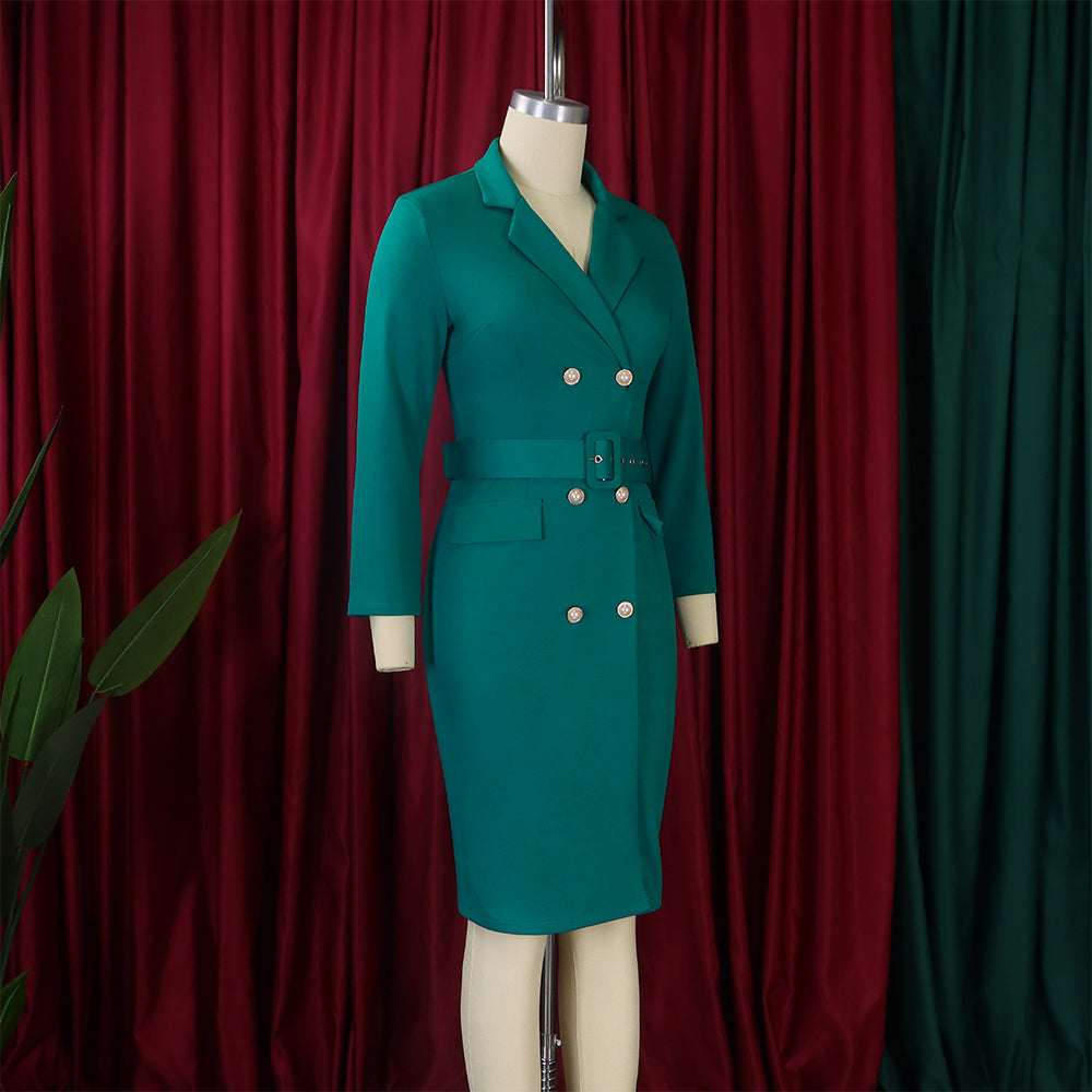 Chic Career Ol Turndown Collar Solid Color Double Breasted Plus Size African Dress 14