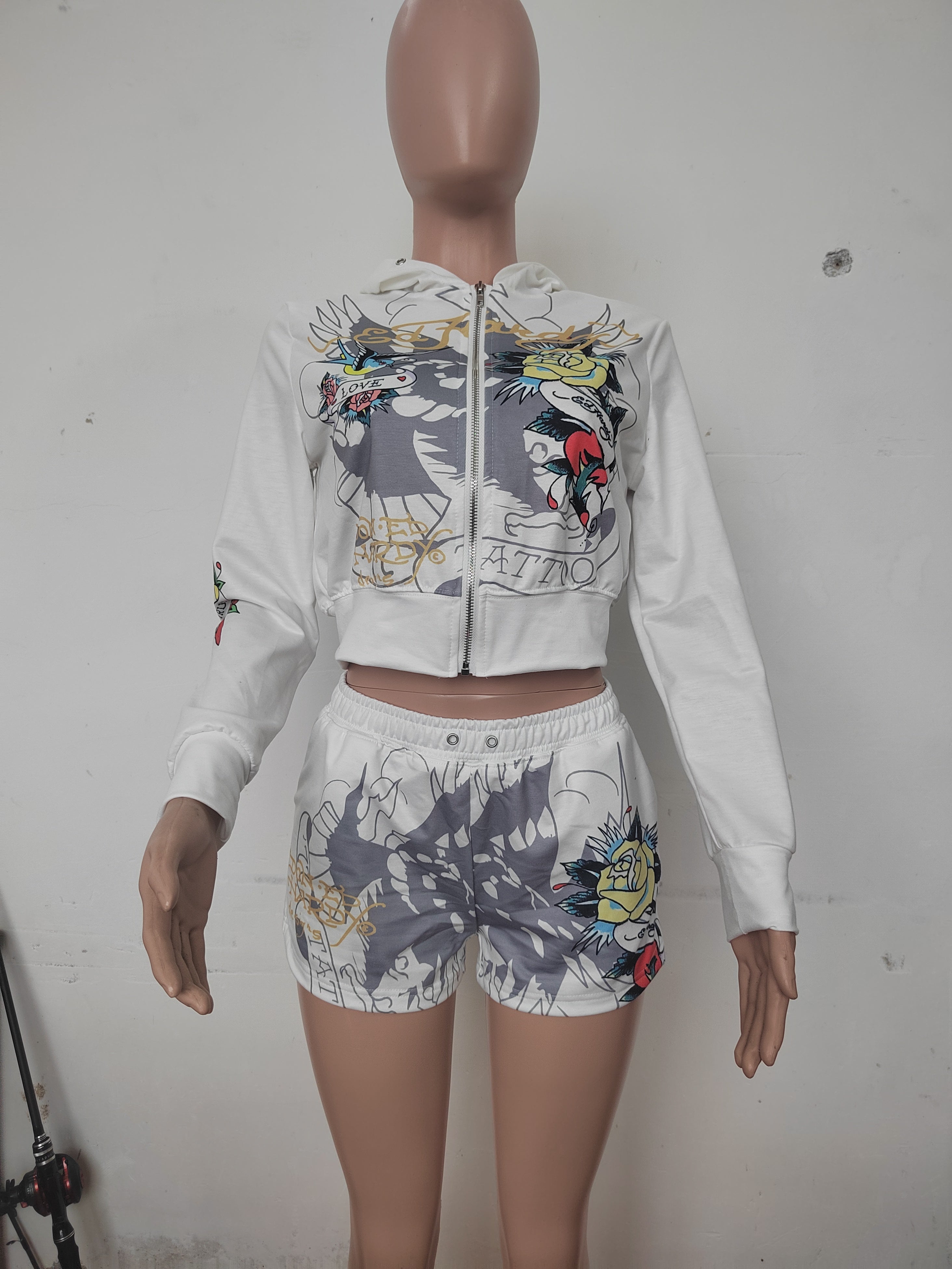 Women's Spring/Summer Print Fashion Casual Hooded Zip Long Sleeve Hooded Sports Two Piece Shorts Set 11