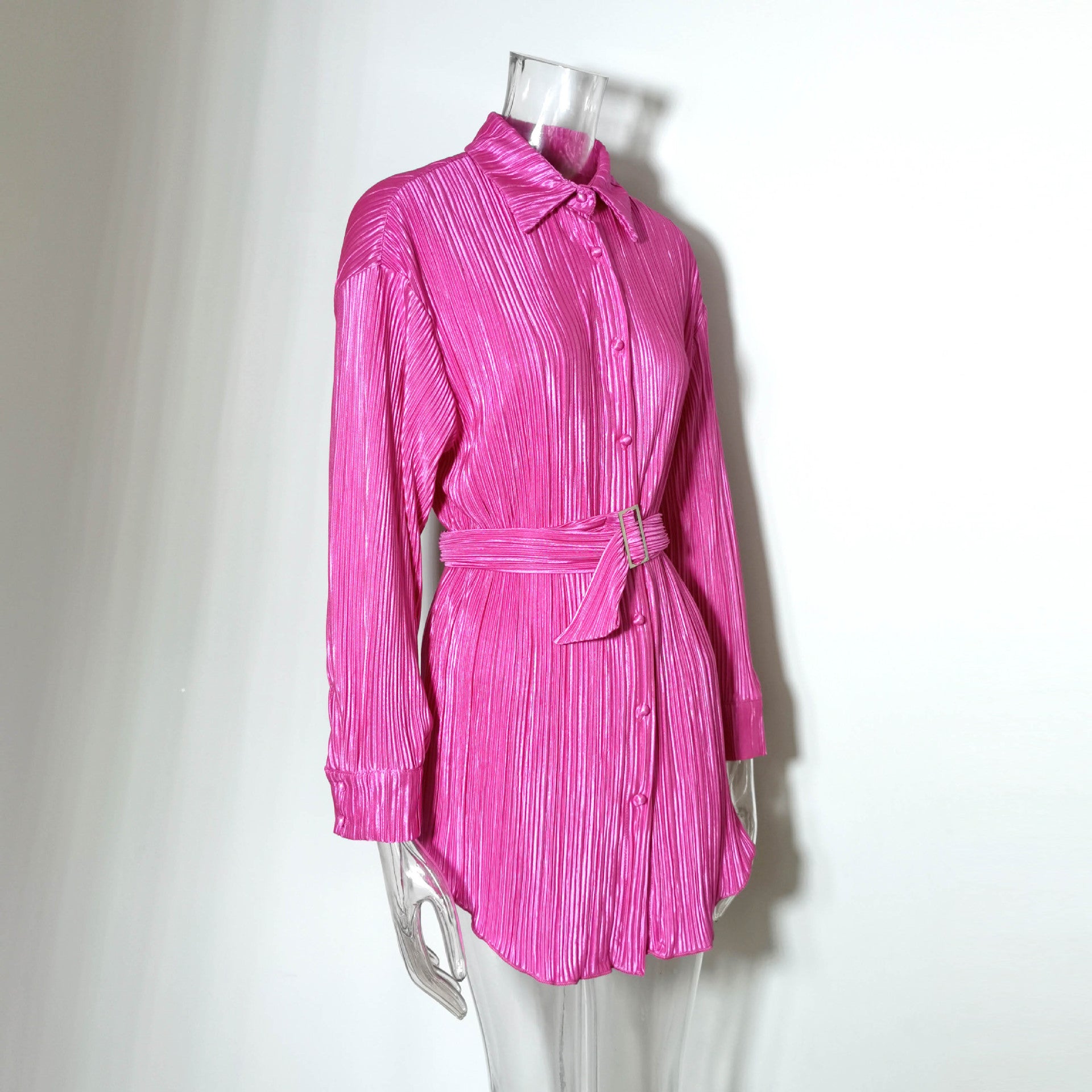 Women Pleated Long Sleeve Belted Shirt Dress 27