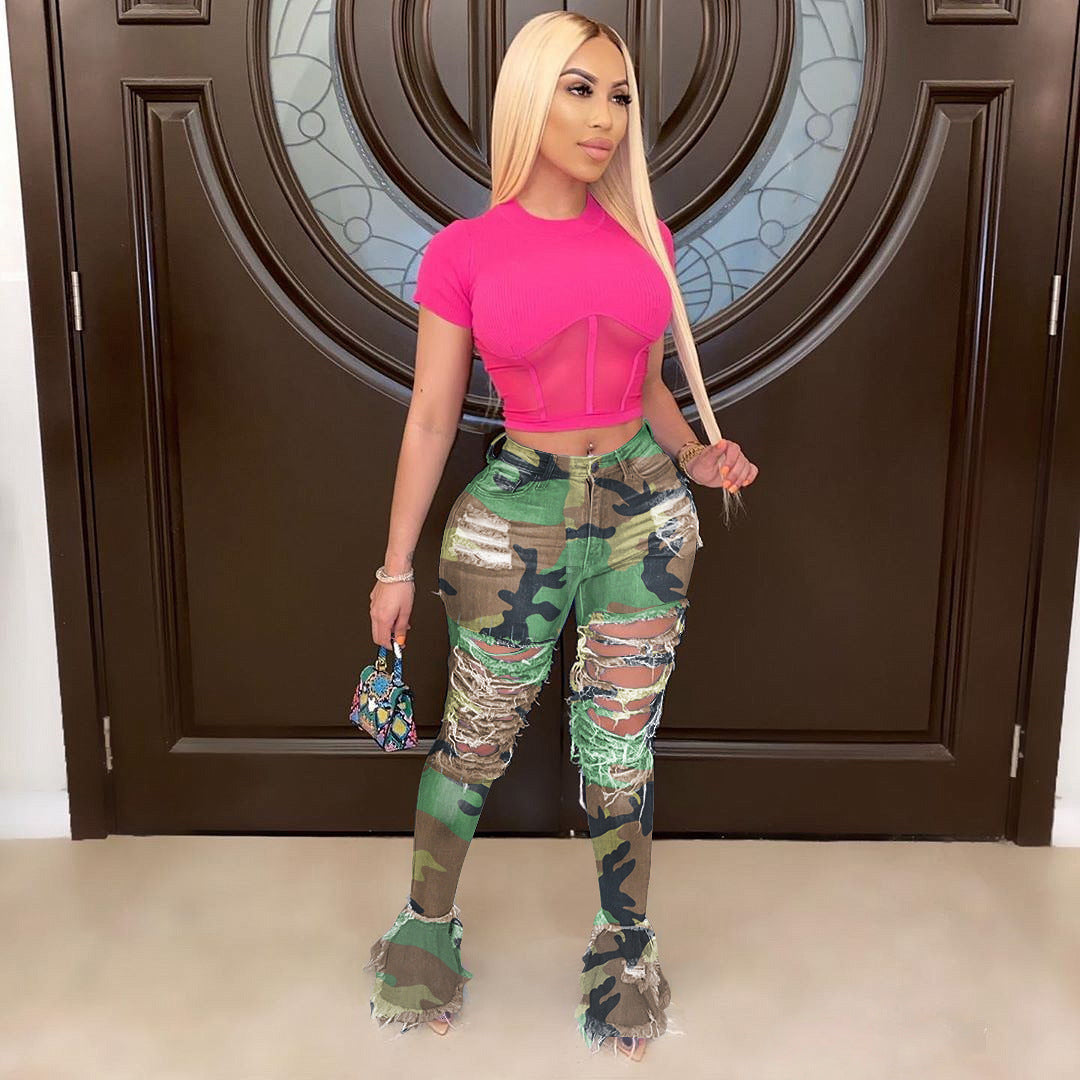 Women's Fringed Ripped Classic Denim Ruffle Trouser 6