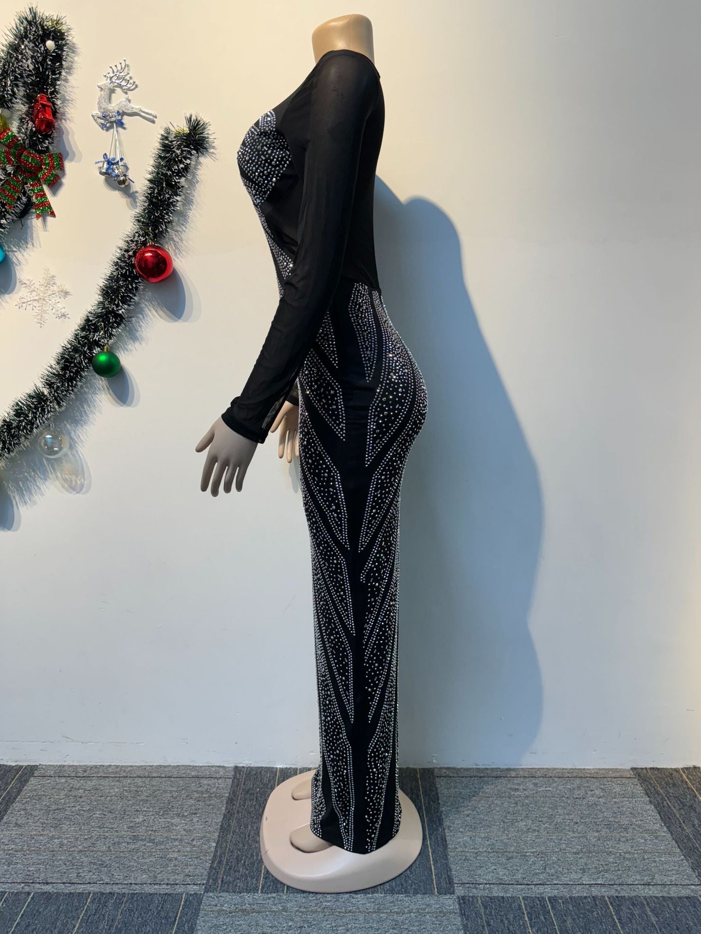 Women Beaded See-Through Patchwork Bodycon Elastic slit dress 7