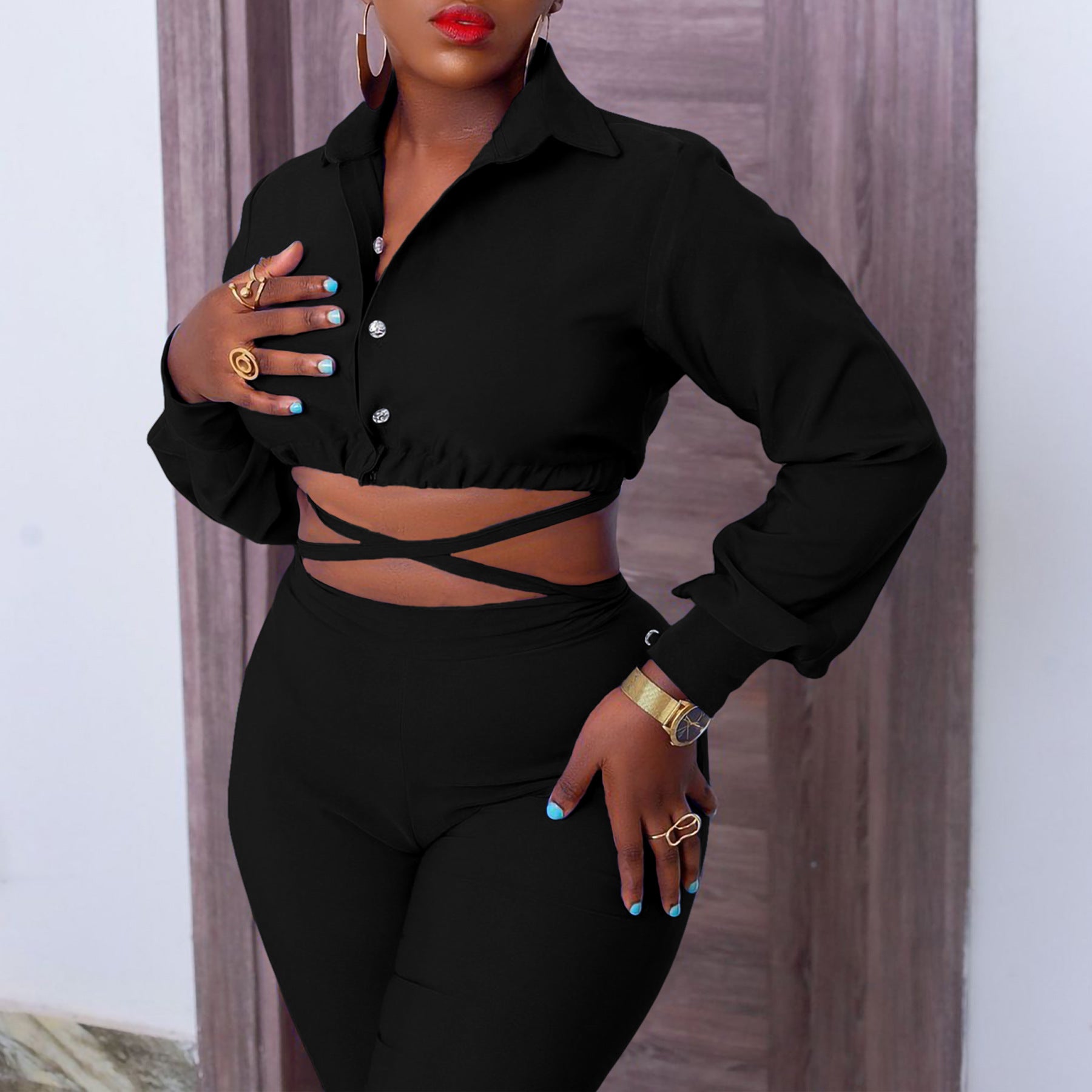 Women Plus Size Fashion Chic Turndown Collar Shirt High Waist Bell Bottom Pants Two Piece Suit 7