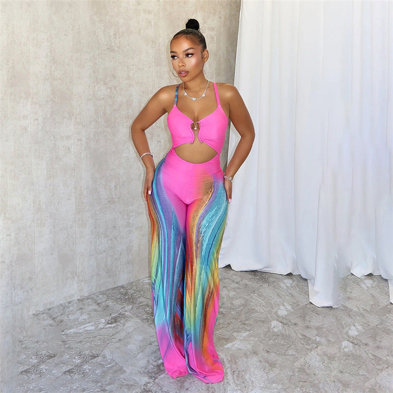 Women's Sexy Low Back Multi-Color Printed Strap High Waist Jumpsuit