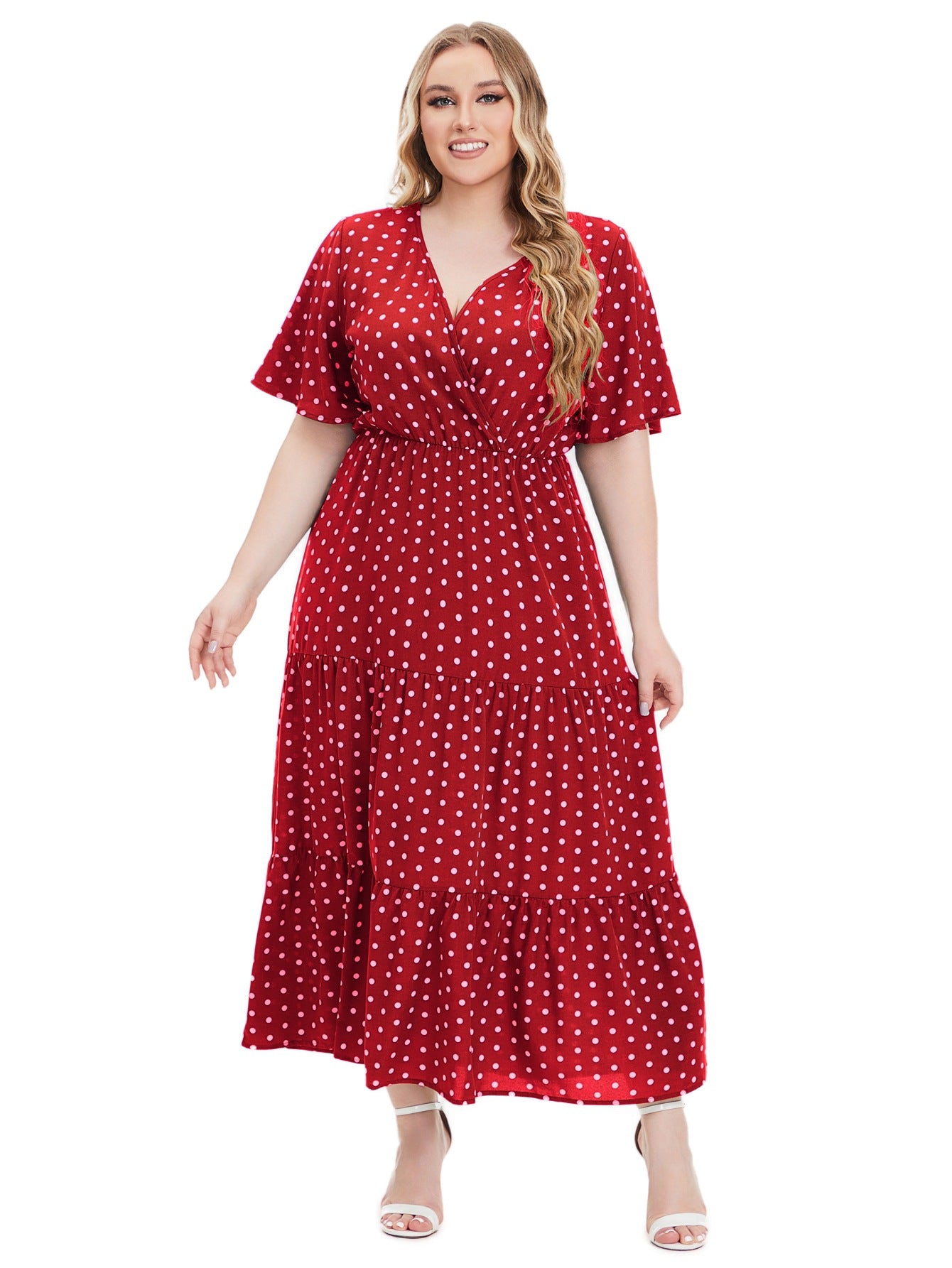 Plus Size Women Summer V Neck Polka Dot Short Sleeve Dress 14