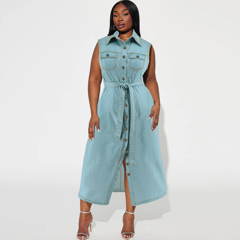 Plus Size Women's Turndown Collar Sleeveless Button Belt Denim Long Dress 5