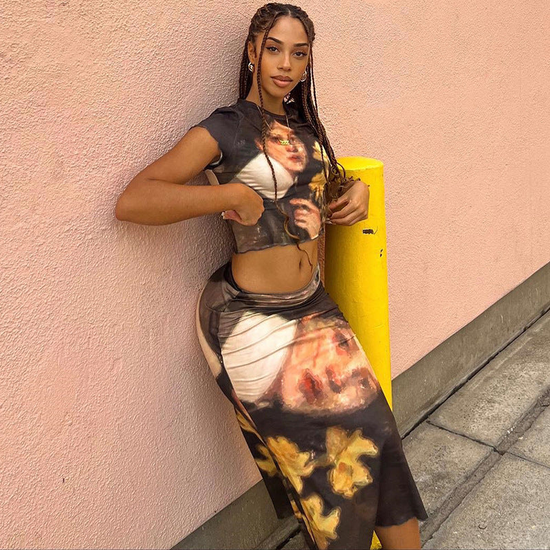 Digital Print Round Neck Top Maxi Skirt Two-Piece Set 3