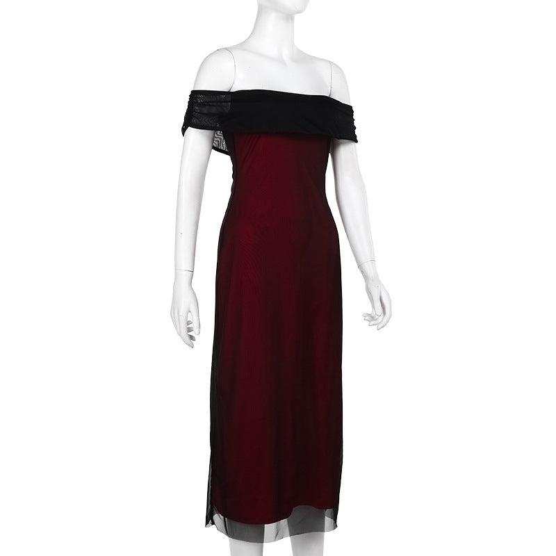 Women Sexy Off Shoulder Mesh Contrast Dress 7