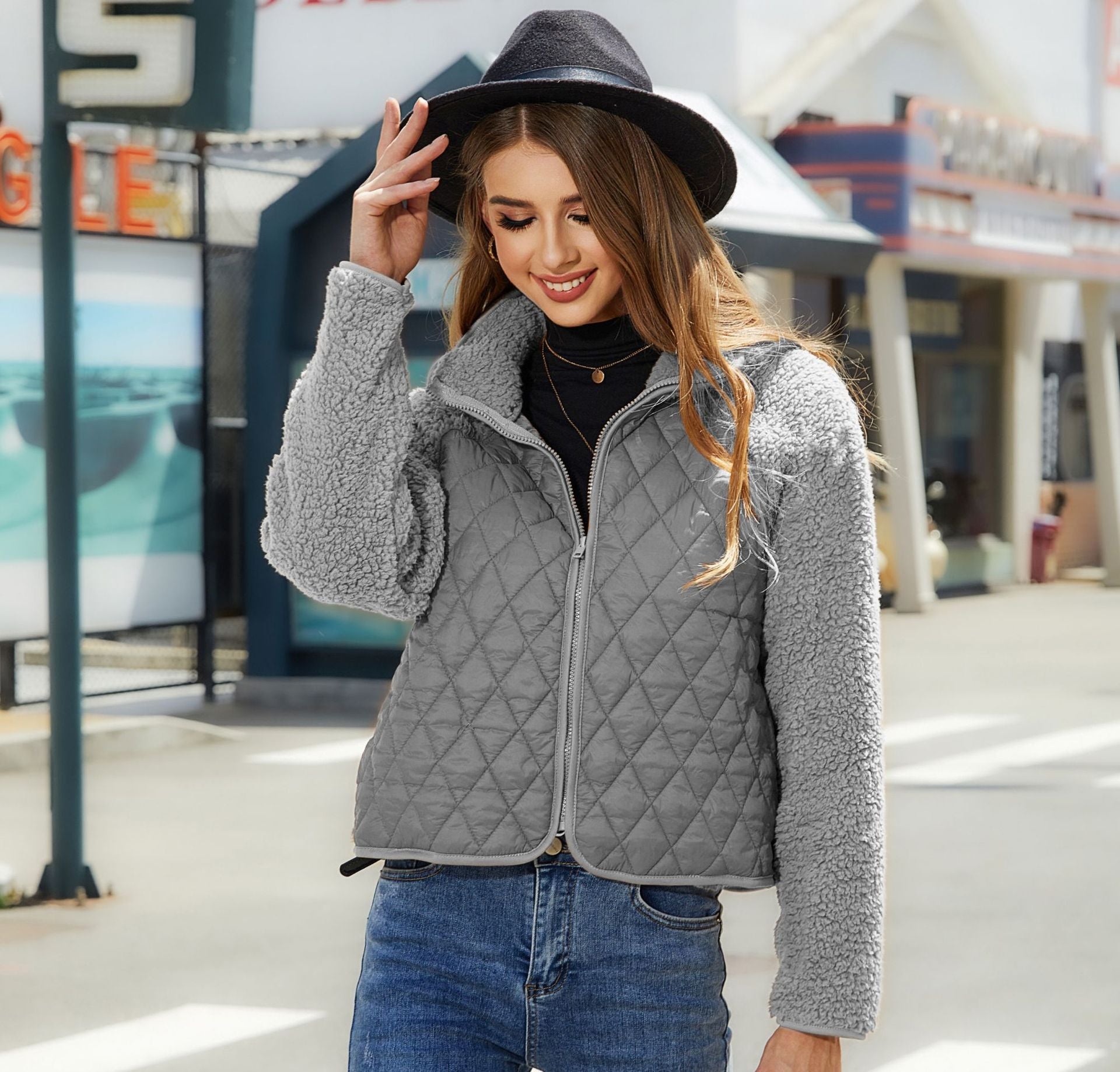 Autumn And Winter Women's Zipper Long Sleeve Fleece Patchwork Jacket For Women 14