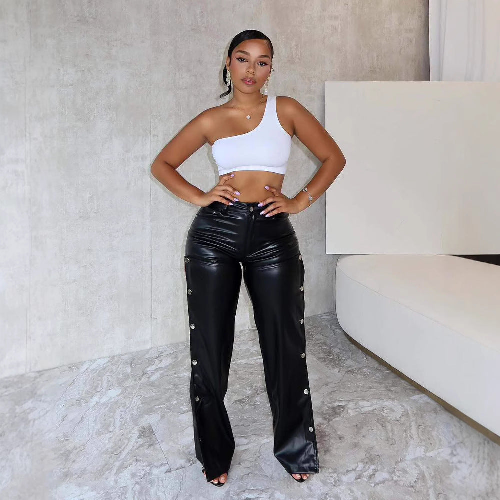 Women autumn and winter sexy Hollow Pu-Leather Straight Pants 5