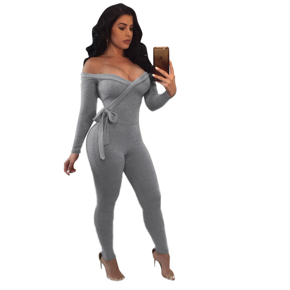Sexy deep v women's long-sleeved off-the-shoulder Jumpsuit 4