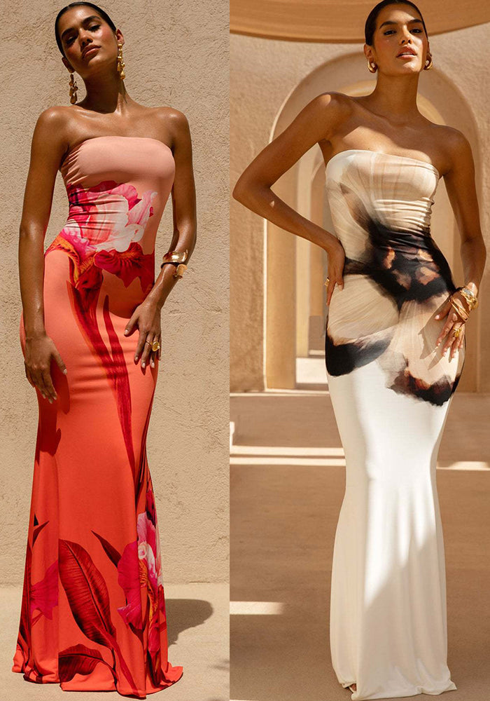 Summer Chic Sexy Strapless Floral Printed Slim Long Holiday Dress