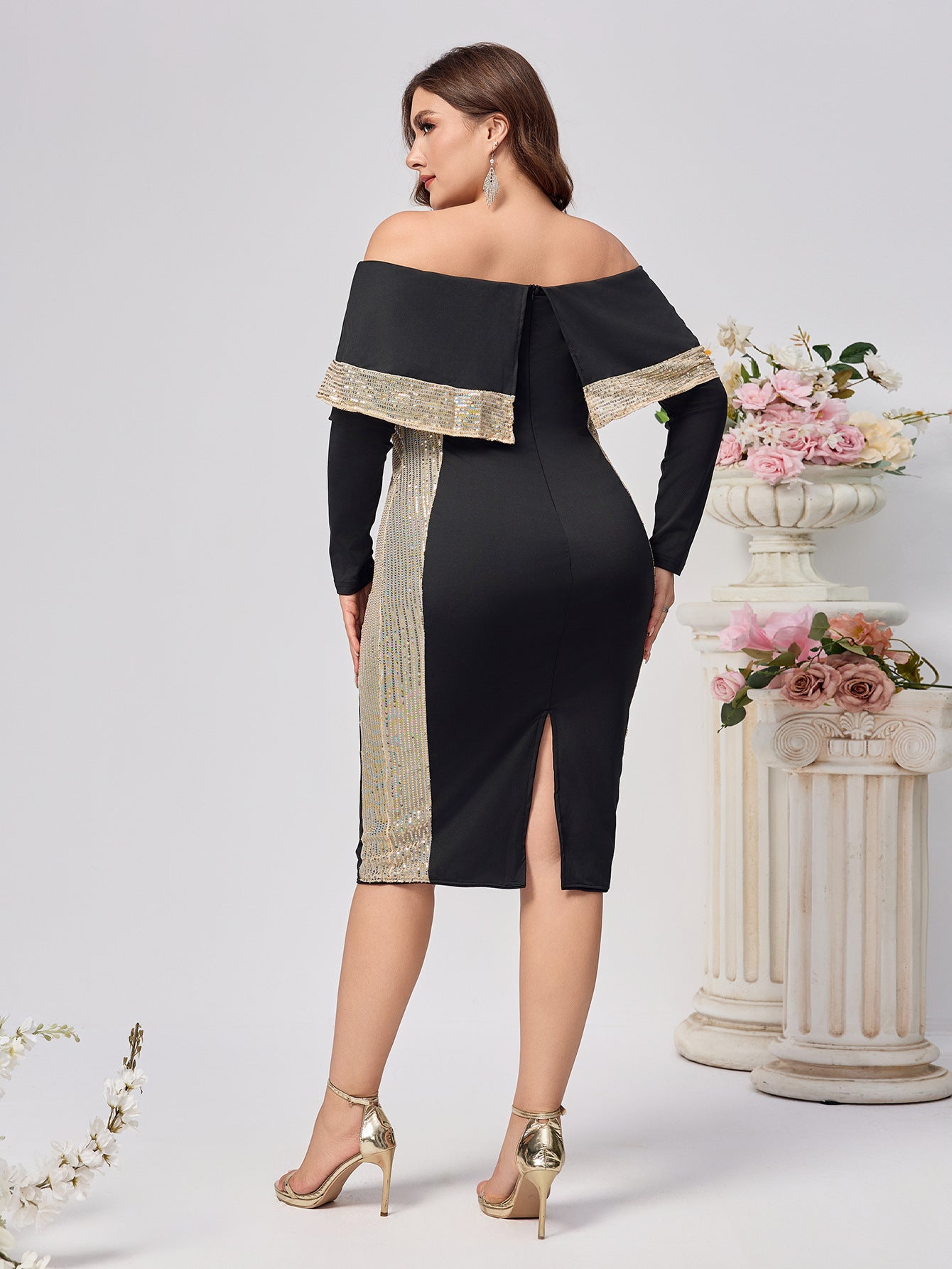 Plus Size Women's Fashion Chic Elegant Off-Shoulder Sequin Long-Sleeve Bodycon Dress 3