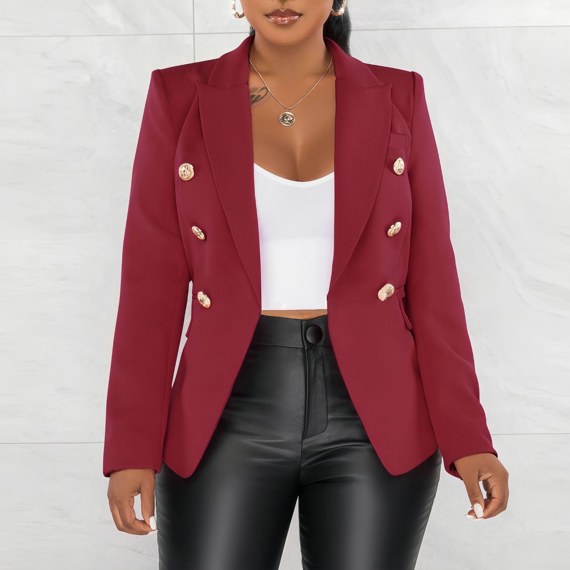 Women's Autumn Winter Solid Color Long Sleeve Pockets Blazer Jacket 6