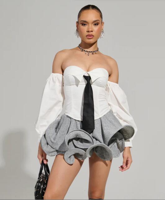 Spring Solid Color Puffy High Waist Mini Skirt