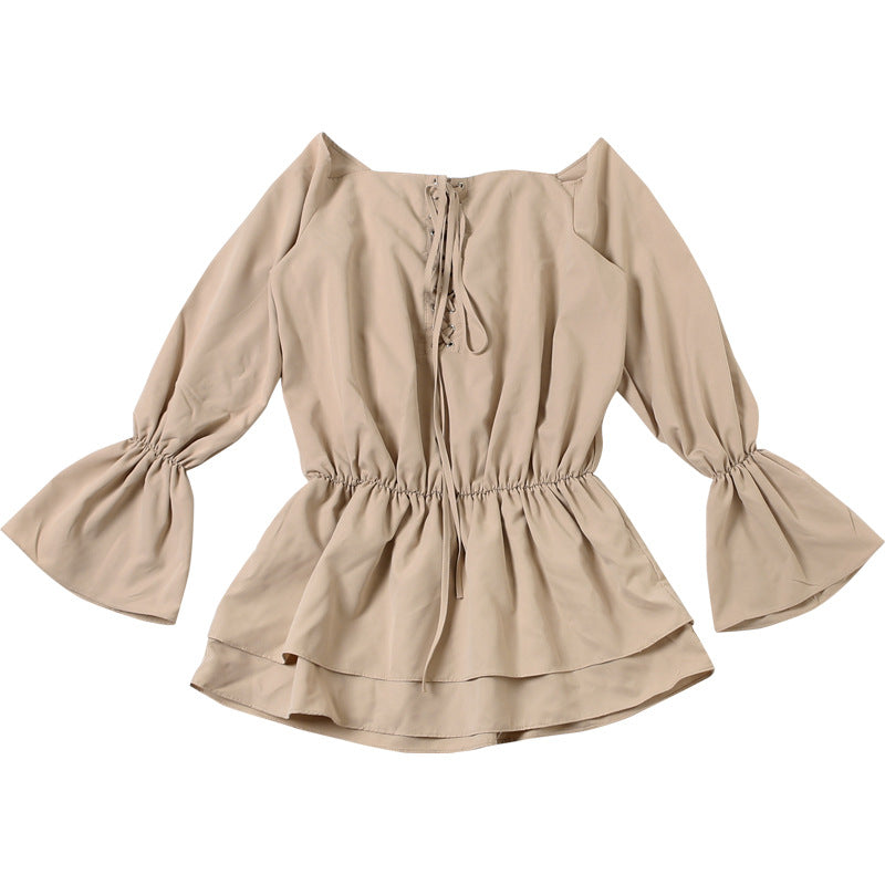 Women's Autumn Sexy Solid Color Off Shoulder Low Back Loose Lace-up Belt Bell Sleeve Dress 13