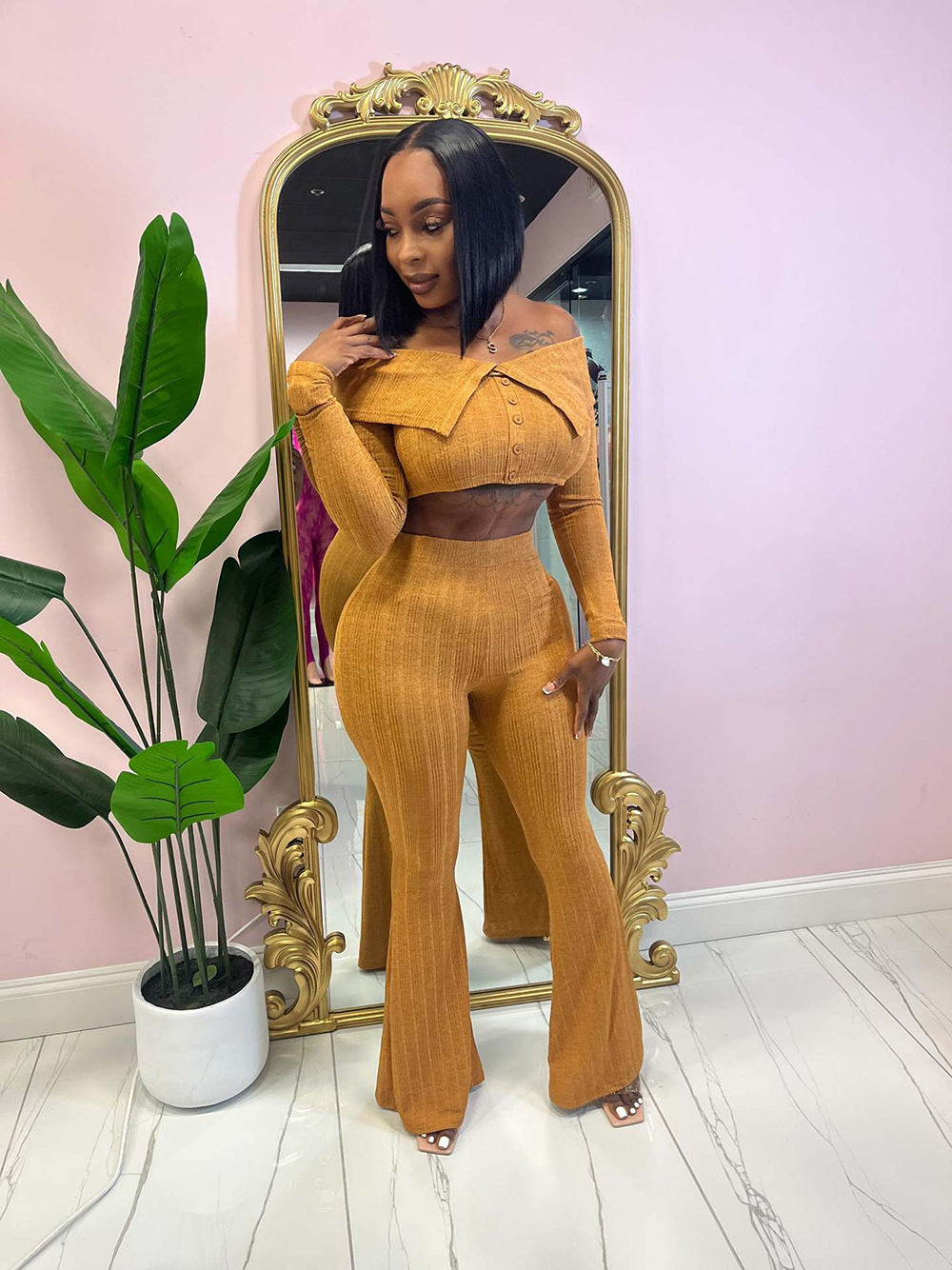 Summer Women's Clothing Solid Color Fashion Off Shoulder Long Sleeve Top Wide Leg Pants Two Piece Set 9