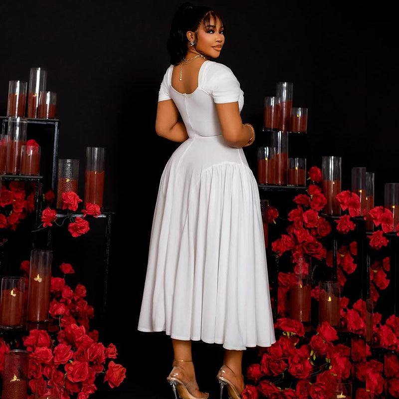 Elegant women's solid color pleated A-line V-neck short-sleeved low back long dress formal party dress 4