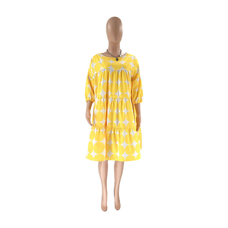 Summer Women Large Polka Dot Loose Round Neck Half-Sleeve Pleated Dress 11