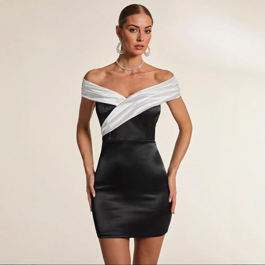 Women Black and White Off Shoulder Backless Bodycon Cocktail Mini Dress 6