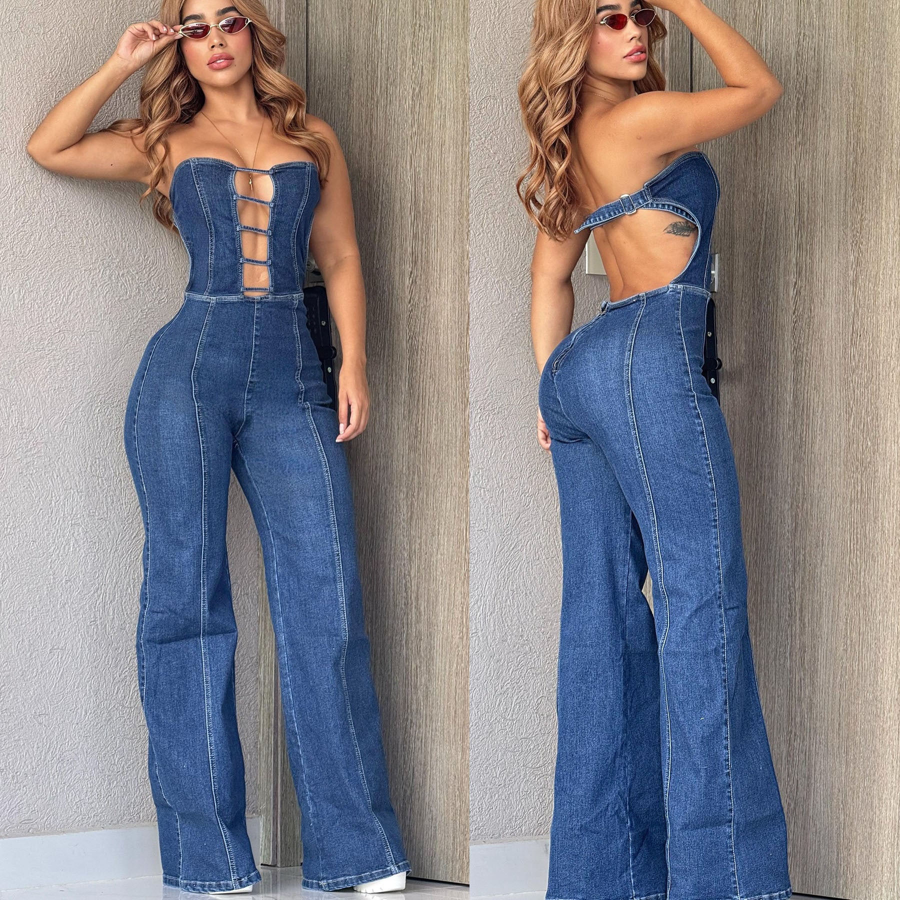 Women  Strapless Backless Denim Jumpsuits
