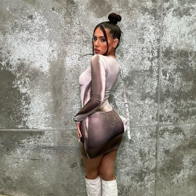 Fall Round Neck Long Sleeve Printed Slim Fit High Waist Bodycon Short Dress