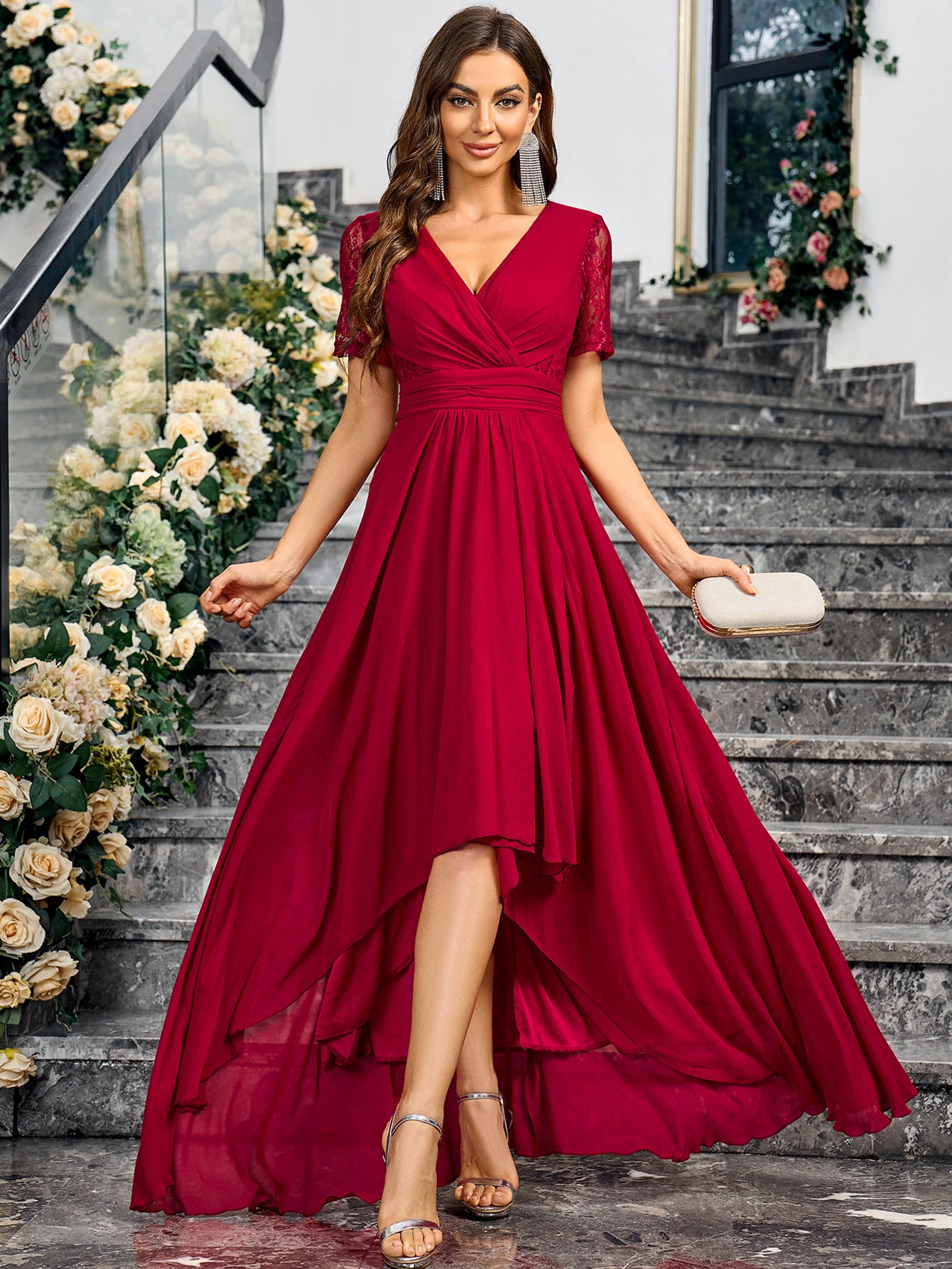 V-Neck Solid Color Summer Elegant Slim Long Formal Party Dress