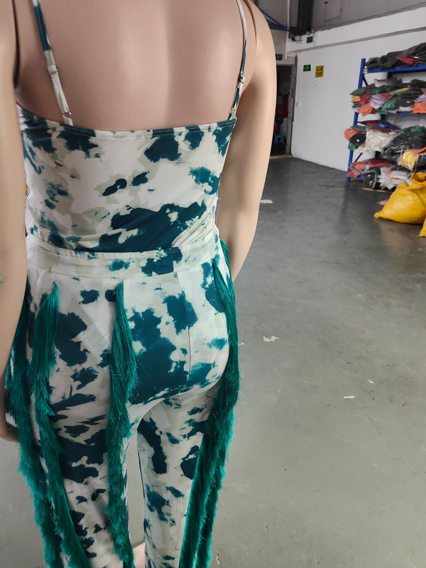 Women's Two-piece Pants V-Neck One-Piece bodysuit Top Sexy Tie-Dye Tassel Trousers Set 17