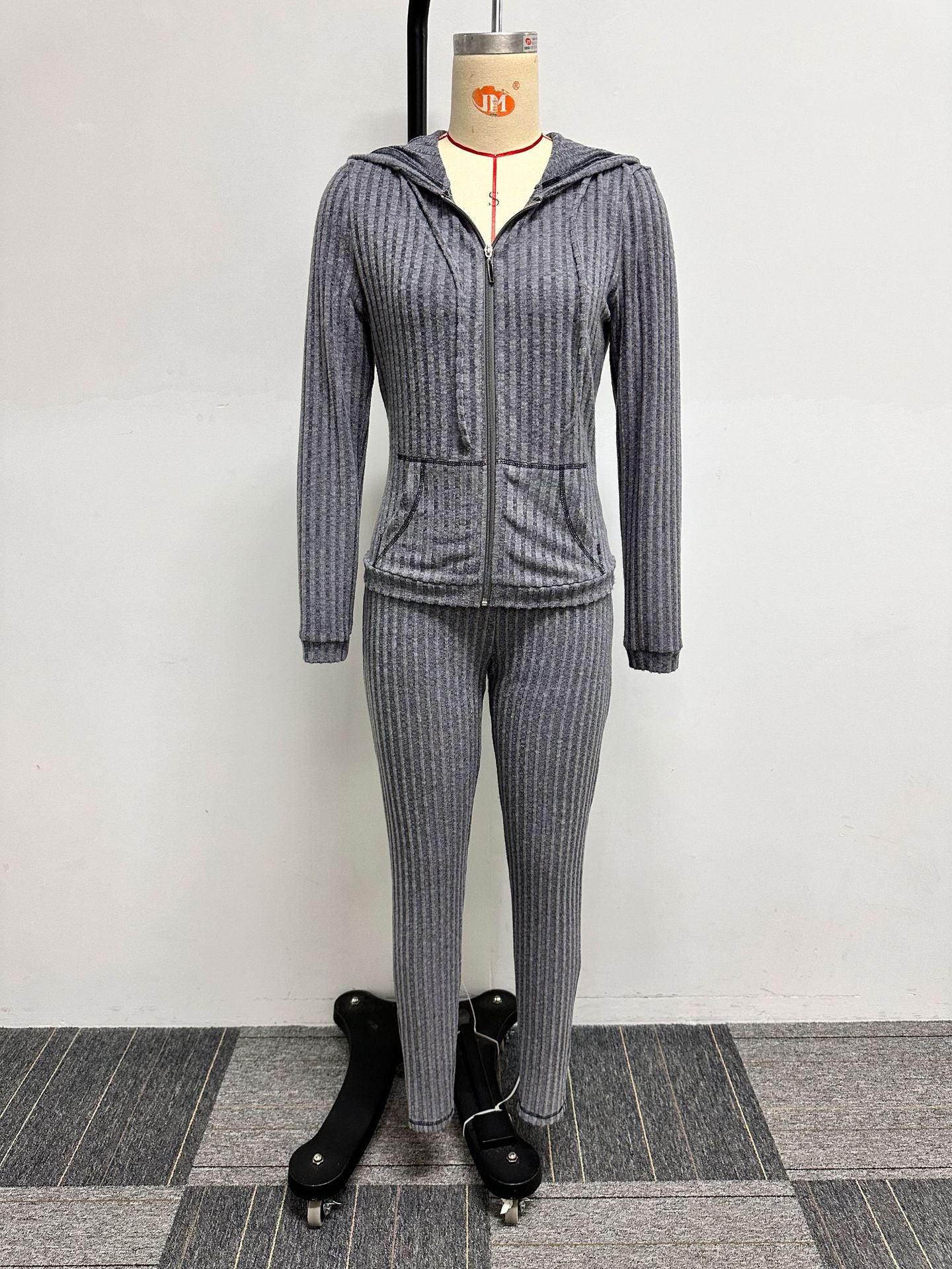 Women Sexy Stretch Ribbed Hooded Top and Pant Two-piece Set 8