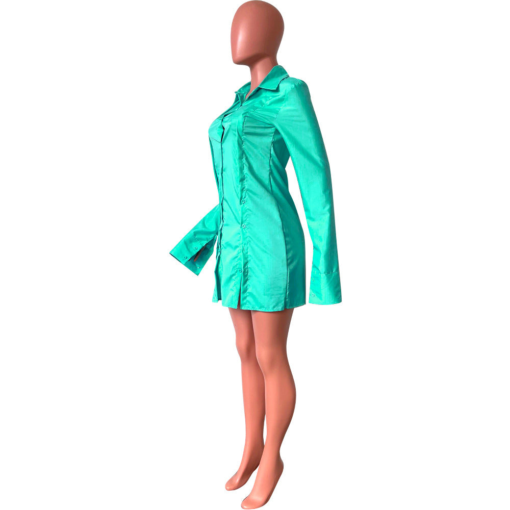 Women's Solid Color Single-Breasted Slit Long Sleeves Shirt Dress 23