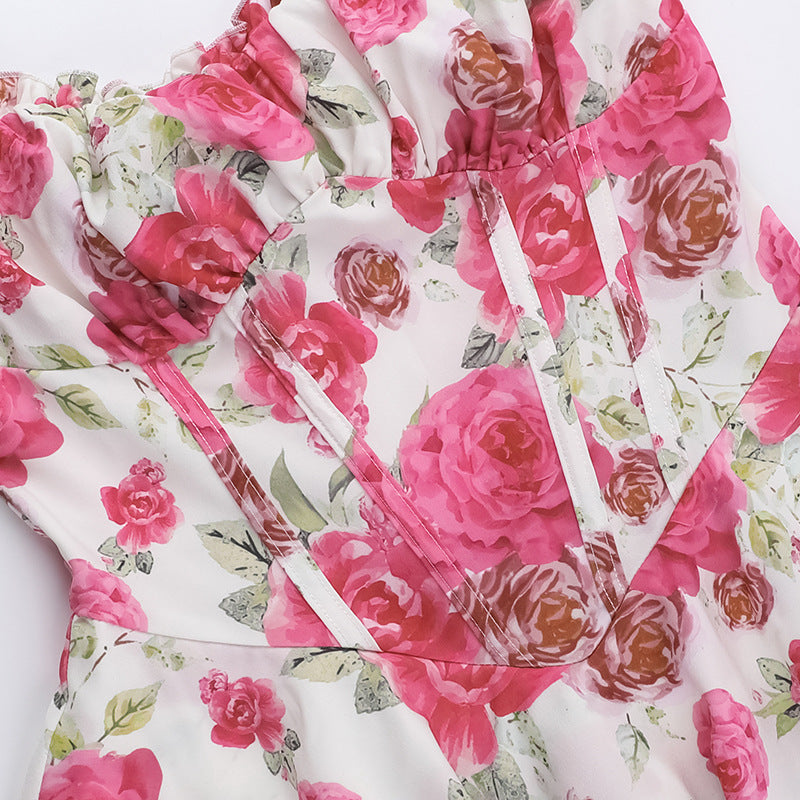 Women summer sexy rose print suspender dress 12