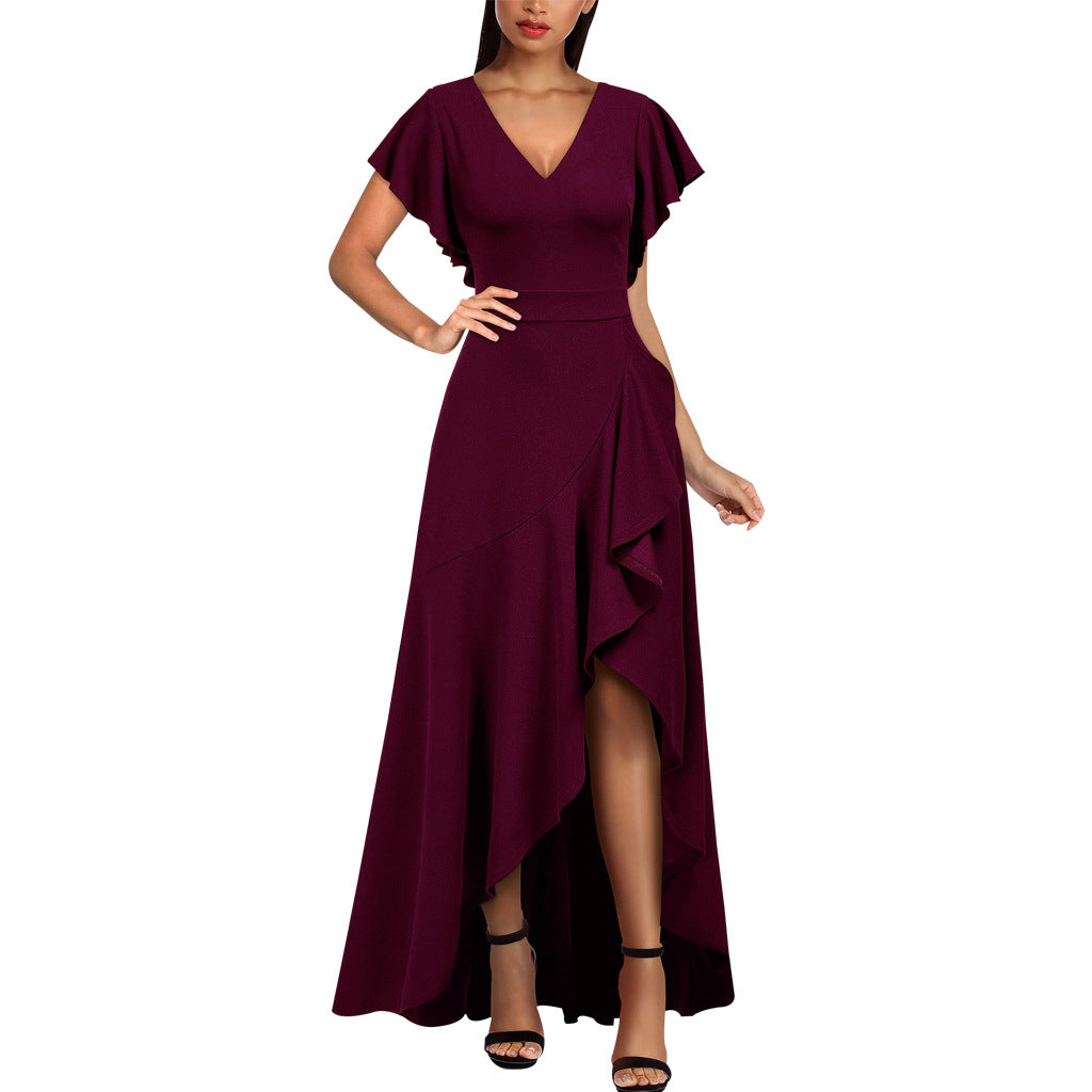 Women Sexy V Neck Irregular Ruffle Leaf Dress 6