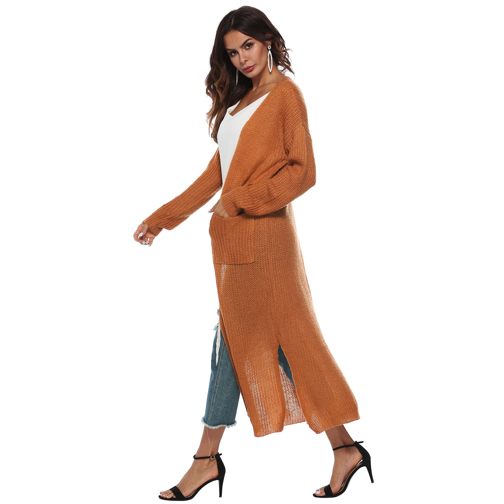 Women thin long coat with large pockets and slits 16