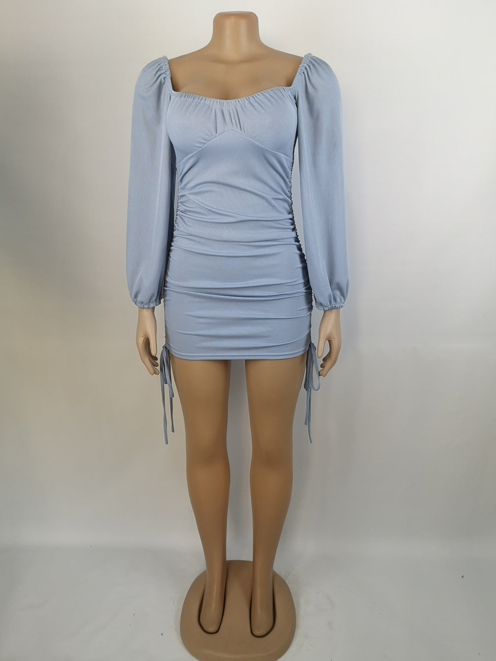 Women Sexy Drawstring Pleated Bodycon Long Sleeve Dress 40