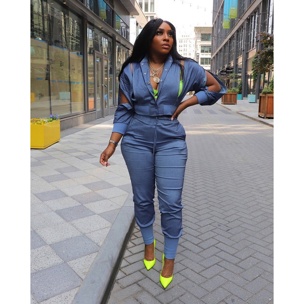 Women Style Zip Crop Coat and Pant Casual Denim Two-Piece Set 8