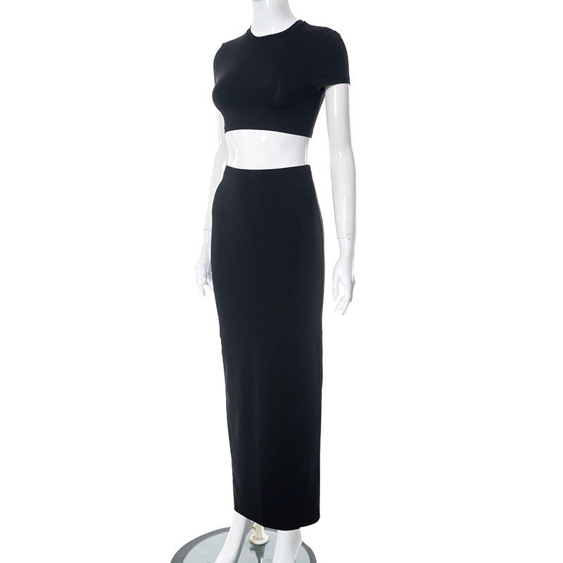 Women's Spring Solid Short Sleeve Crop Two Piece Skirt Set 47