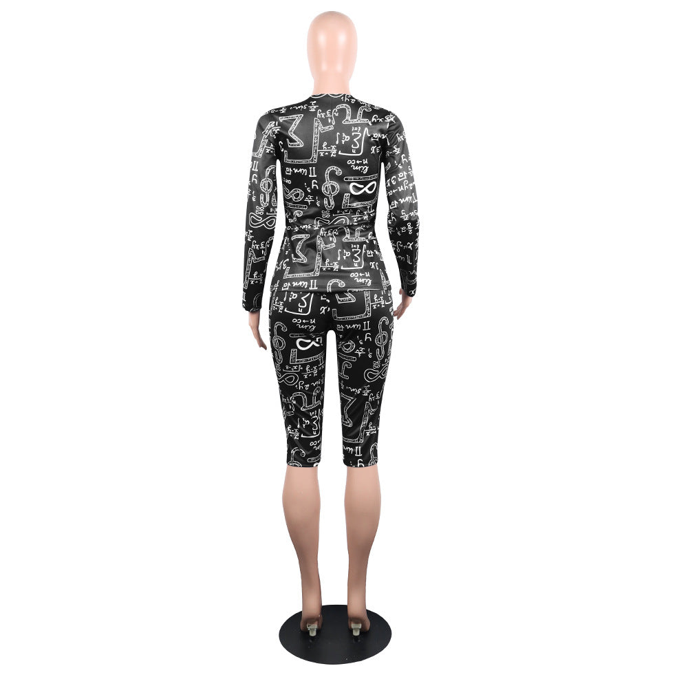 Women's Print Tight Fitting Long Sleeve Two-Piece Midi Shorts Set 12