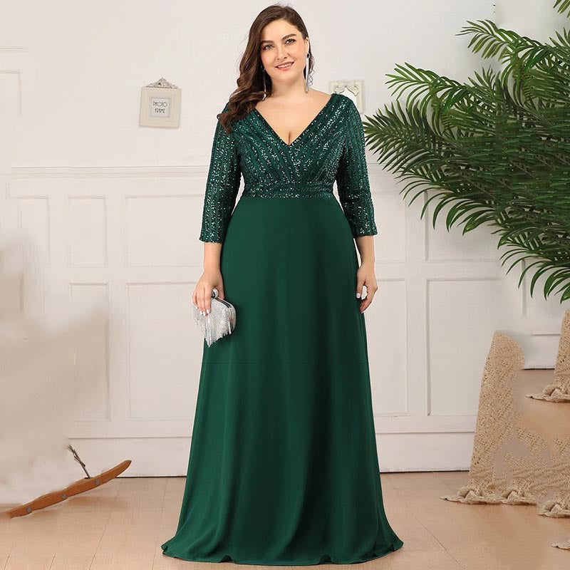 Plus Size Evening Dress Elegant Sequin Half-Sleeve Sexy V Neck Chiffon Swing Party Dress For Women 4