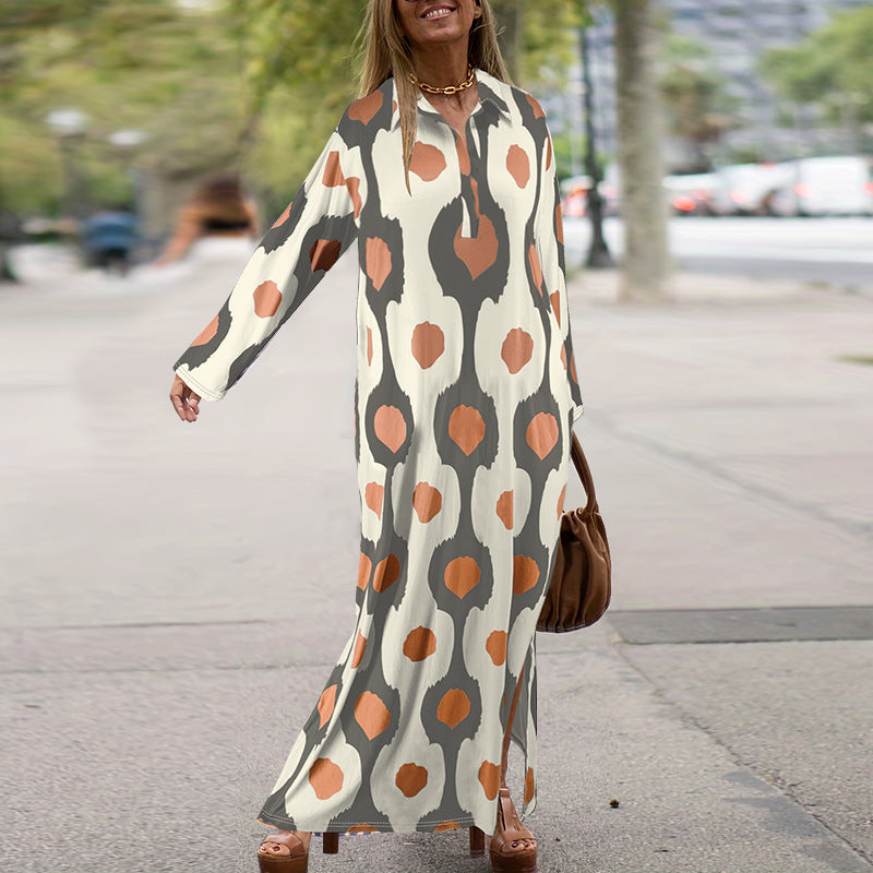 Plus Size Women Turndown Collar Long Sleeve Slit Loose Dress 8